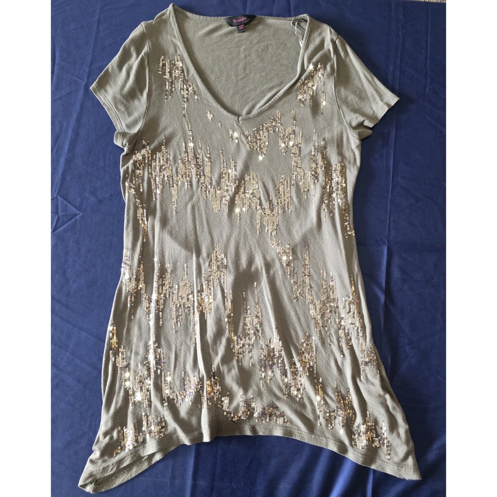SimplyBe Women's Olive Green Sequin V-Neck Sharkbite‎ Hem Tunic Size 12